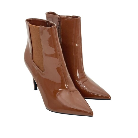 INC -Katalina Brown Patent Leather High Heel Ankle Boots Womens 9M Stretch Panel - Picture 2 of 11